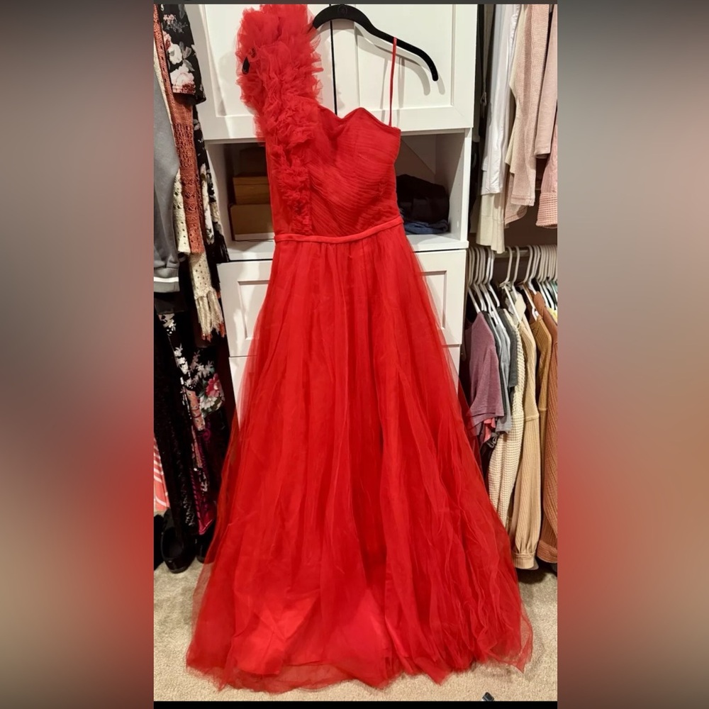 Women's Formal Ruffle Trim Tulle Long Dress, Split Thigh Lace-up Backless RED